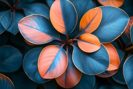 Close-up of abstract foliage with striking blue and orange tones, showcasing nature's vivid colors and artistic patterns. ideal for design projects, posters, or prints seeking bold, contrasting themes. Generative AIの素材