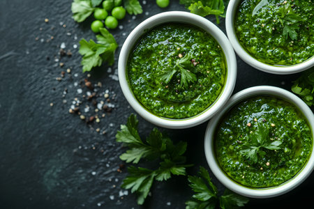 White bowls filled with vibrant green basil pesto arranged on a dark slate surface. garnished with fresh parsley, the presentation is enhanced by scattered salt, pepper, and peas, ideal for culinary or food photography projects. Generative AIの素材