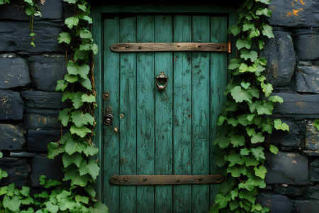 Rustic wooden door framed by lush green ivy, set in a textured stone wall. the charming scene captures a sense of mystery and natural beauty, ideal for design, print, or poster use with themes of nature, history, or architecture. Generative AIの素材