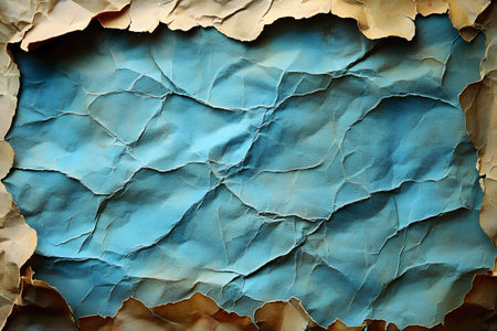A visually striking abstract background showcasing torn paper layers in blue and beige hues. the textured effect and irregular shapes create a sense of depth and intrigue, perfect for creative design projects, posters, or digital art. Generative AIの素材