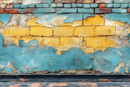 A colorful weathered brick wall showcasing layers of peeling teal and yellow paint, creating a dynamic and textured urban backdrop. ideal for artistic projects, design inspiration, or rustic-themed visuals. Generative AIの素材