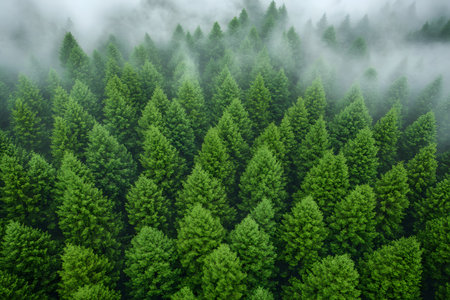 A breathtaking aerial view of a lush green forest blanketed in mist, showcasing the serenity and beauty of nature from above. the verdant tree tops create a striking contrast with the ethereal fog, emphasizing the tranquility of the scene. Generative AIの素材