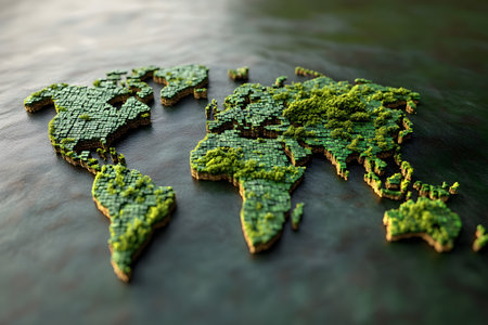 A 3d mosaic world map with lush green textures symbolizing environmental sustainability. the map appears in rich detail, floating over a textured surface, conveying themes of nature and global eco-consciousness. Generative AIの素材