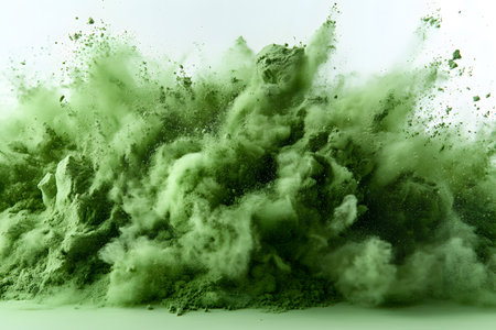 Green powder dramatically explodes in mid-air, creating a mesmerizing spectacle of movement and energy. the vibrant hue and dynamic motion offer a bold visual for artistic and design applications. Generative AIの素材