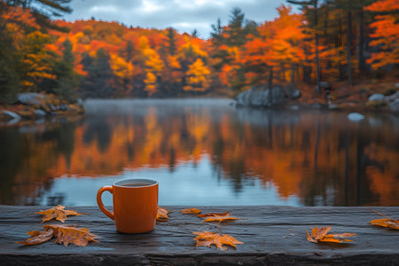 Tranquil lakeside scene with vibrant autumn foliage reflecting on the water. an orange mug sits on a wooden surface, surrounded by fallen leaves, evoking warmth and peace in nature's embrace. Generative AIの素材