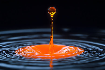 A striking close-up of a vivid orange water droplet as it creates ripples on a dark reflective surface. the dynamic contrast showcases fluid motion and elegant simplicity, perfect for abstract art and design concepts. Generative AIの素材