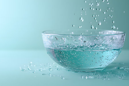 A dynamic scene of water droplets splashing into a transparent glass bowl filled with clear water. set against a turquoise backdrop, the image conveys freshness, purity, and tranquility, perfect for wellness or hydration themes. Generative AIの素材