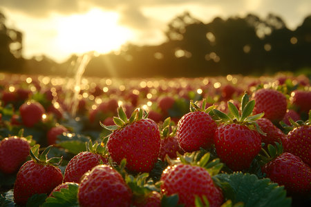 Sunlit strawberry fields bask in the golden glow of sunset, ripe berries glistening with dew. a perfect depiction of natural abundance and agricultural beauty during the peak of harvest season. Generative AIの素材