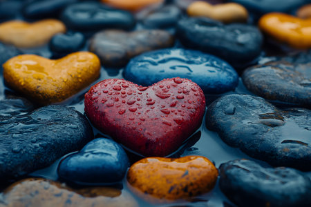 Heart-shaped stones scattered on wet river rocks, featuring vibrant colors like red and yellow. water droplets add a refreshing, tranquil element, symbolizing love, serenity, and calmness, ideal for zen or meditation concepts. Generative AIの素材