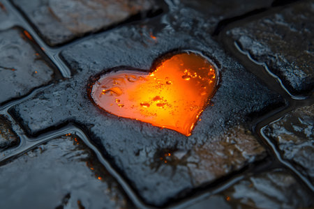 Heart-shaped puddle on cobblestone, illuminated with warm orange light, creating a contrast against the wet, dark stones. the scene evokes feelings of warmth, love, and mystery, perfect for themes of romance or introspection. Generative AIの素材