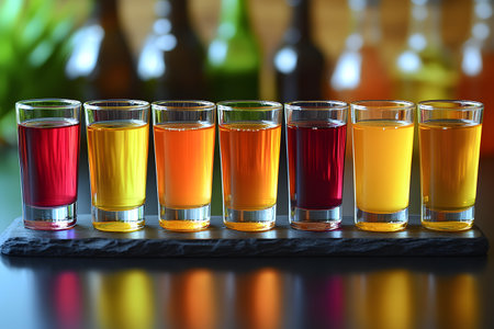 A vibrant arrangement of seven fruit juice shots in various colors placed on a sleek slate tray. the background displays blurred glass bottles, enhancing the focus on the refreshing drinks in the foreground. Generative AIの素材