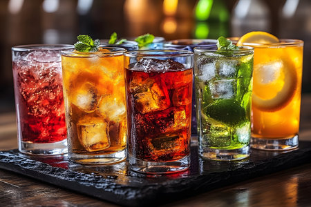 An assortment of colorful cocktails served in highball glasses, featuring citrus and mint garnishes. the image showcases a variety of mixed drinks with ice on a slate tray, emphasizing vibrant party and summer themes. Generative AIの素材