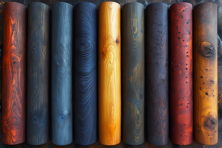 Vertical wooden logs showcasing a range of textures and colors, from deep blues and vibrant reds to natural wood tones. ideal for design projects, the beauty and diversity of woodgrain. Generative AIの素材
