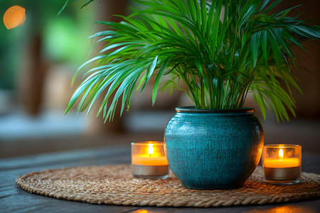 A serene home setting featuring a green potted plant in a blue ceramic pot, complemented by two lit candles placed on a woven mat. the soft, ambient lighting creates a peaceful atmosphere ideal for relaxation. Generative AIの素材