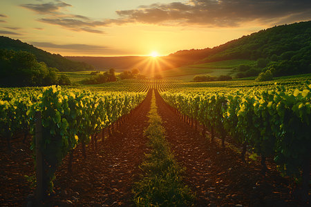Vibrant sunset over expansive vineyard rows set in a lush countryside landscape. golden light bathes the grapevines, accentuating the tranquility and beauty of the natural environment, perfect for wine tourism and nature photography. Generative AIの素材