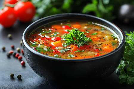 A steaming bowl of vegetable soup brimming with colorful ingredients like carrots, tomatoes, and herbs, garnished with fresh parsley. surrounded by black and red peppercorns, this soup is perfect for cozy, nutritious meals. Generative AIの素材