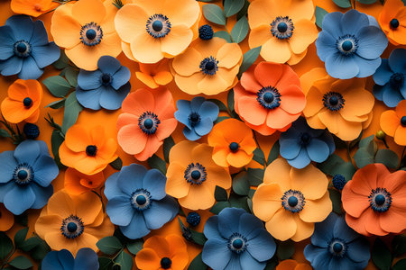 Vibrant blue and orange paper flowers form a captivating floral pattern, showcasing intricate petal details and vivid color contrasts. ideal for summer-themed decorations, design inspiration, or artistic projects. Generative AIの素材