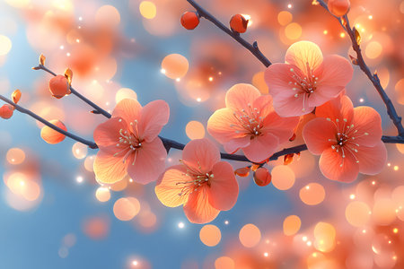 Vibrant pink spring blossoms bloom on delicate branches against a backdrop of warm, glowing bokeh lights. ideal for nature-themed designs, posters, or seasonal greeting cards, the delicate beauty of springtime. Generative AIの素材