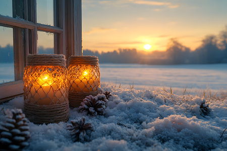 Warm candle lanterns placed on a snowy surface near a frosted window, with a serene winter sunrise in the background. pine cones accent the natural, peaceful ambiance, ideal for holiday-themed designs. Generative AIの素材