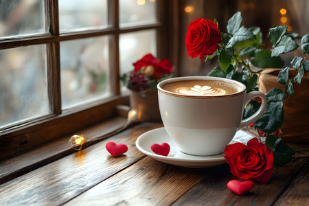 A warm, inviting coffee setting featuring a latte with art, surrounded by red roses and heart decorations on a wooden table by a window. soft lighting adds a romantic ambiance to the scene, perfect for celebrating love. Generative AIの素材