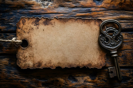 A decorative vintage skeleton key rests beside a blank rustic tag with a hole for tying. the tag's aged texture contrasts with the rich, weathered wooden background, making it ideal for retro or vintage-themed designs and concepts. Generative AIの素材