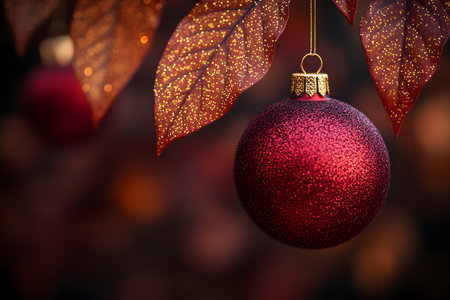 A vibrant red christmas ornament hangs elegantly against a background of shimmering leaves, creating a warm, festive atmosphere. ideal for holiday-themed designs, seasonal greetings, and festive decorations. Generative AIの素材