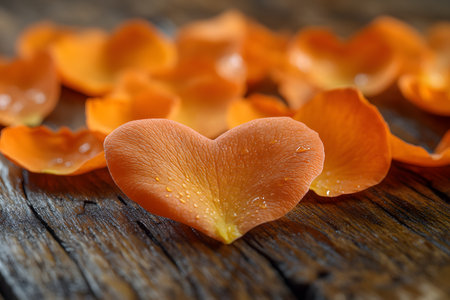 Vibrant heart-shaped orange rose petals scattered on a rustic wooden surface with visible water droplets. perfect for themes of romance, love, weddings, or nature-inspired design elements. Generative AIの素材