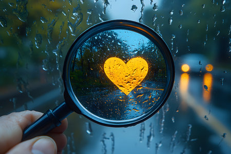 A magnifying glass reveals a glowing heart-shaped light through a rain-streaked window. the blurred outdoor scene emphasizes themes of love, warmth, and comfort amidst a rainy day, suitable for romantic concepts. Generative AIの素材
