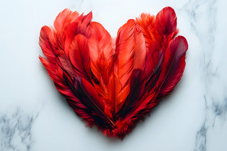 Heart-shaped arrangement of vivid red feathers set against a white marble background, ideal for romantic or valentine's day-themed projects. perfect for use in design, greeting cards, or artistic displays. Generative AIの素材