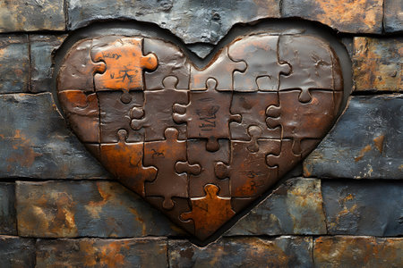 Heart-shaped puzzle pieces form a striking focal point against a rugged, textured stone backdrop. the weathered metal surface adds a rustic charm, perfect for romantic or artistic design concepts. Generative AIの素材