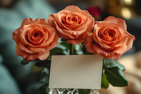 Three stunning orange roses stand elegantly in a glass vase, accompanied by a blank card perfect for personalized messages. ideal for romantic gestures, celebrations, or floral-themed designs. Generative AIの素材
