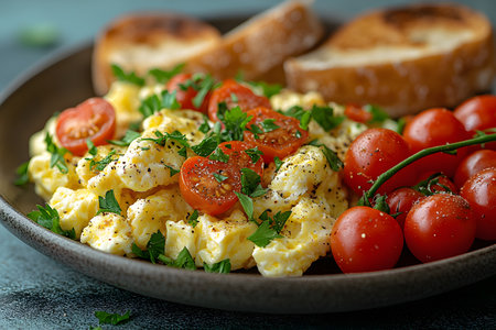 A savory breakfast plate featuring creamy scrambled eggs garnished with freshly chopped parsley and sliced cherry tomatoes. accompanied by toasted crusty bread and a bunch of ripe cherry tomatoes, creating a colorful and appetizing meal presentation. Generative AIの素材