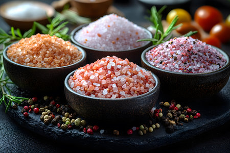 Various types of gourmet salts, including himalayan and pink salt, are elegantly displayed in bowls with fresh herbs and assorted spices, creating a visually appealing and flavorful culinary presentation. Generative AIの素材