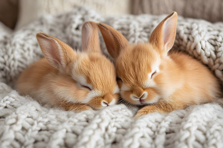 Two cute baby bunnies peacefully sleeping on a soft, knitted blanket. their fluffy fur contrasts beautifully with the textured fabric, creating a serene and heartwarming scene perfect for spring or easter themes. Generative AIの素材