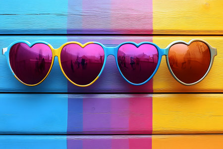 Heart-shaped sunglasses with vibrant pink lenses rest on a multicolored wooden surface, featuring blue, purple, and yellow hues. the lively color palette embodies summer fashion and playful style, ideal for trendy design projects. Generative AIの素材