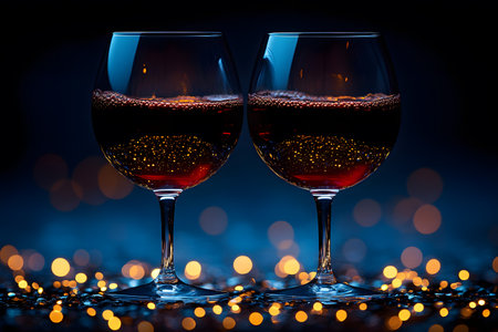 Two glasses of red wine stand elegantly against a backdrop of golden bokeh lights, creating a warm and inviting atmosphere. perfect for celebrating special occasions, romantic evenings, or event design inspiration. Generative AIの素材