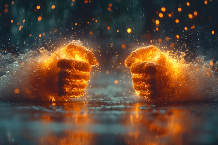 Two glowing hands appear to rise from water, surrounded by dynamic orange sparks and droplets. this concept art symbolizes power and energy, ideal for posters, design elements, and creative visualizations. Generative AIの素材