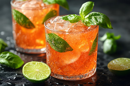 Vibrant and refreshing cocktail featuring a mix of lime and basil. the drink's sparkling texture and bright orange color offer a summery vibe, perfect for beverage design or cocktail menus. glasses are filled with ice, surrounded by fresh basil and lime slices. Generative AIの素材