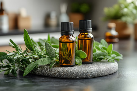 Essential oil bottles surrounded by fresh sage leaves on a stone platform in a serene setting. the scene suggests themes of natural healing, aromatherapy, and wellness, with earthy tones and soft lighting enhancing tranquility. Generative AIの素材