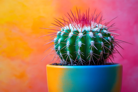A green cactus with prominent red spines is displayed in a vibrant, multicolored pot. the background features a striking gradient of warm and cool colors, creating a bold, eye-catching visual contrast ideal for decor or design projects. Generative AIの素材