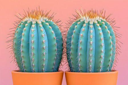 Two green cacti in terracotta pots are set against a soft pastel orange background. the contrast highlights the unique textures and vibrant colors, perfect for botanical decor and design inspiration. Generative AIの素材