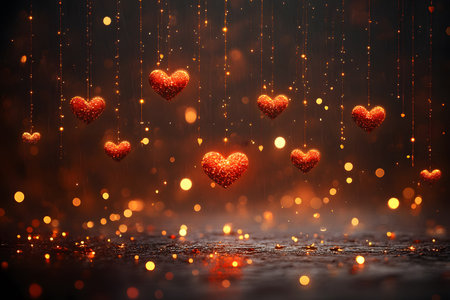 Sparkling red hearts hang amidst golden bokeh lights, creating a romantic ambiance perfect for valentine's day themes. ideal for festive decoration designs, cards, or holiday marketing materials. Generative AIの素材