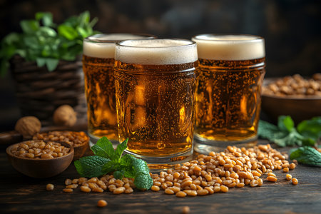 Craft beer in three frothy glasses accompanied by fresh mint, aromatic spices, and nuts on a rustic wooden surface. ideal for illustrating culinary themes, beer festivals, or casual social events. Generative AIの素材