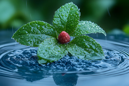 Fresh mint leaves topped with a ripe raspberry are adorned with sparkling water droplets, sitting on a surface with rippling water. the scene evokes freshness and tranquility, perfect for concepts related to nature and health. Generative AIの素材
