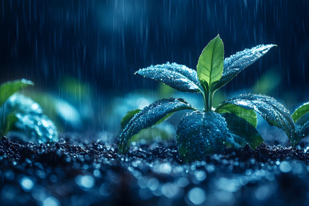 A close-up of a vibrant young plant in a garden, covered in water droplets during a gentle rain. the dark soil and blurred background emphasize the freshness and vitality of new growth under nurturing weather conditions. Generative AIの素材
