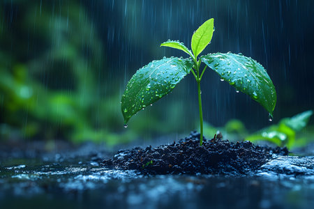 Young plant thriving in moist soil, surrounded by lush greenery, symbolizing growth and sustainability in a rainy environment. droplets on leaves enhance the refreshing, natural essence of nurturing nature. Generative AIの素材