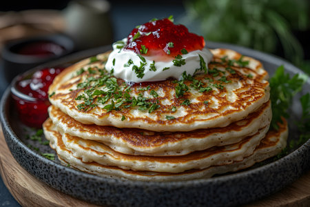 Savory pancakes topped with a dollop of sour cream and jam, garnished with fresh herbs, beautifully presented on a rustic plate. a perfect blend of sweet and savory flavors ideal for breakfast or brunch dining experiences. Generative AIの素材