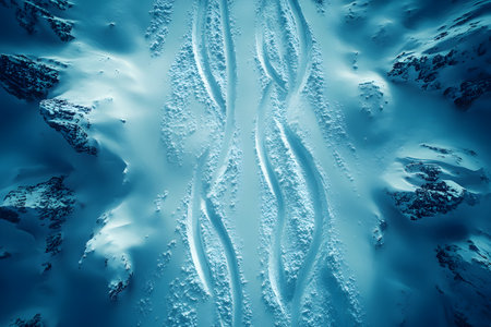 A breathtaking aerial view of untouched snowy mountain slopes with dynamic tracks carved into the fresh snow. ideal for concepts of adventure, winter sports, and natural serenity, the beauty of alpine landscapes. Generative AIの素材