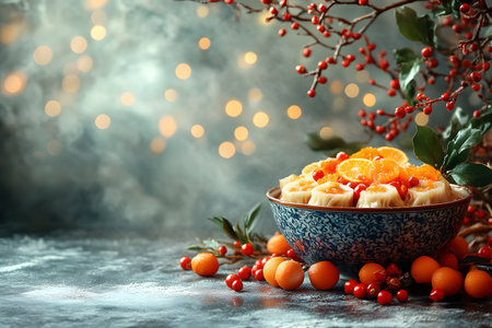 A beautifully arranged festive table setting featuring a blue patterned bowl filled with mandarins and berries. red berries and holly branches add to the seasonal atmosphere, with warm bokeh lights softly glowing in the background. Generative AIの素材