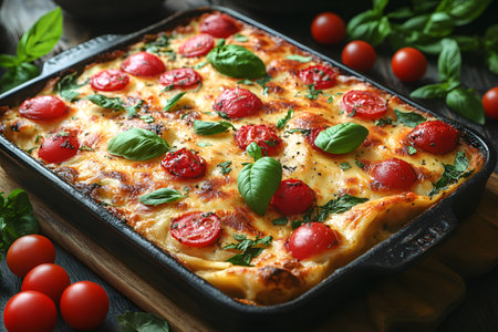 Lasagna baked to perfection, topped with melted cheese, fresh basil, and cherry tomatoes. a rustic dish combining rich flavors and textures, ideal for family gatherings, dinner parties, or culinary inspiration. Generative AIの素材